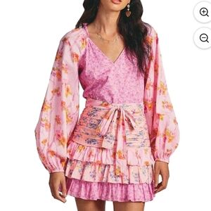 For Love Bell Floral Ruffle Mini Dress Medium NWT Pink Boho Layered V-Neck